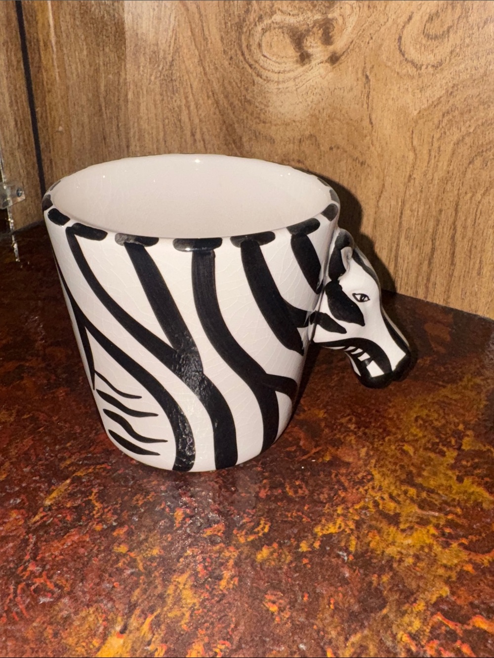 Zebra Stripe Ceramic Cup with Sculpted Zebra Handle - Black & White